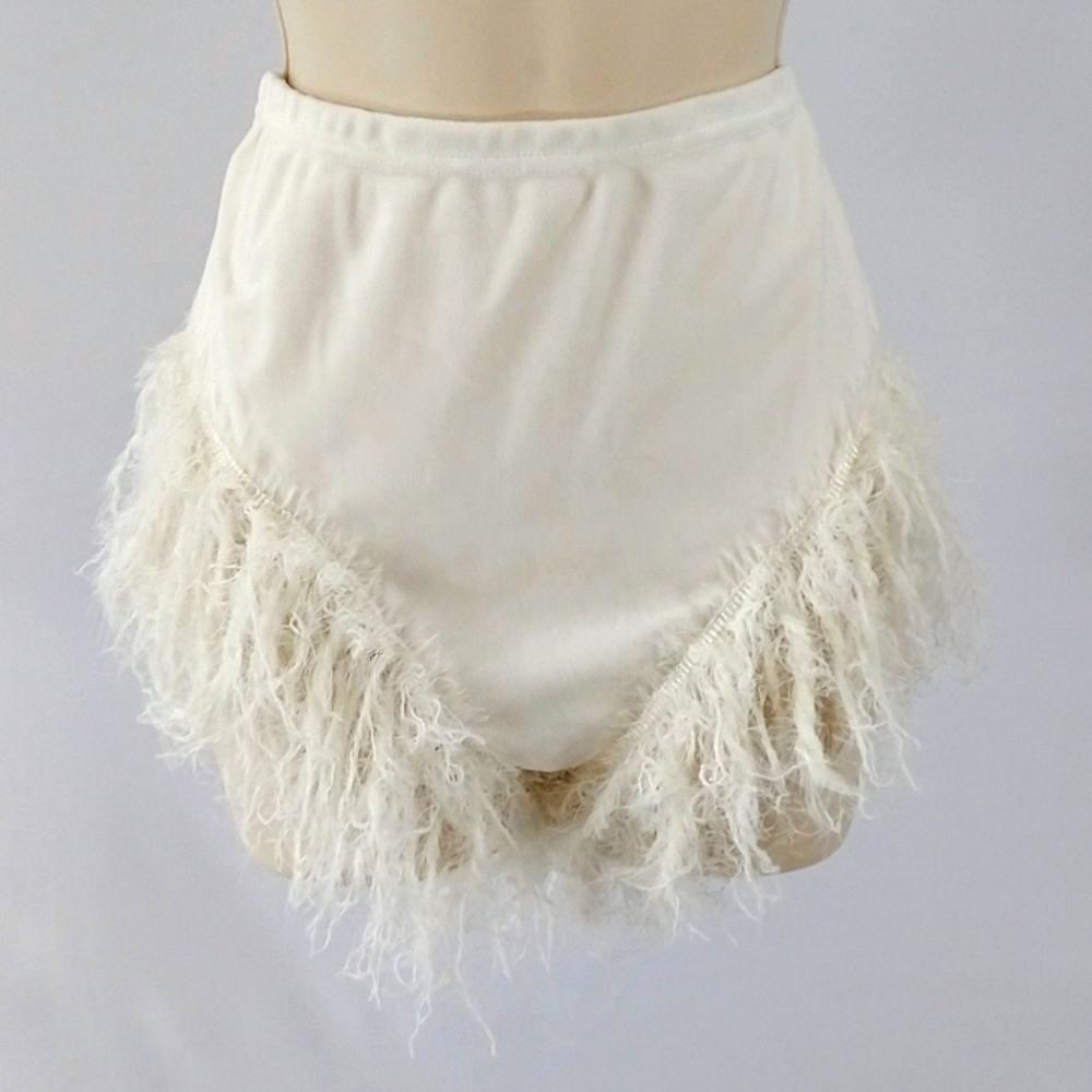 Stretchy white feather trimmed booty shorts
